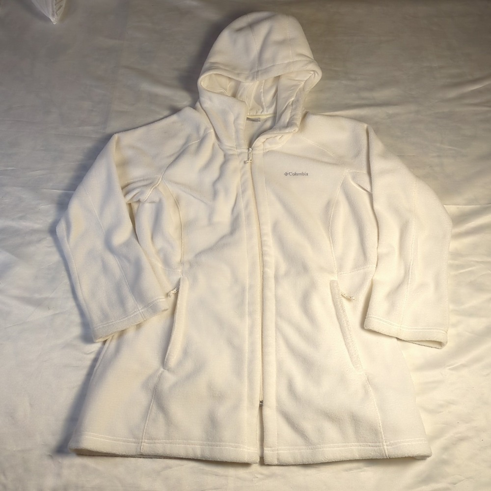 Columbia Women's Full Zip White Fleece Tunic Jacket With Hood Size 1X XL